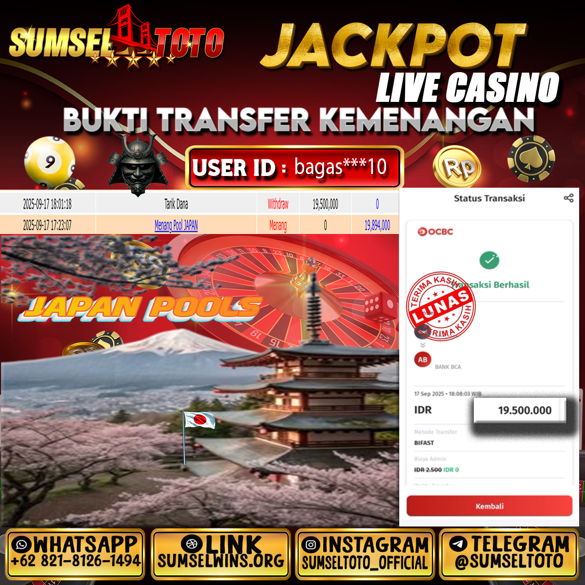 SUMSELTOTO JACKPOT JAPAN POOLS Rp.19,500,000.,- LUNAS